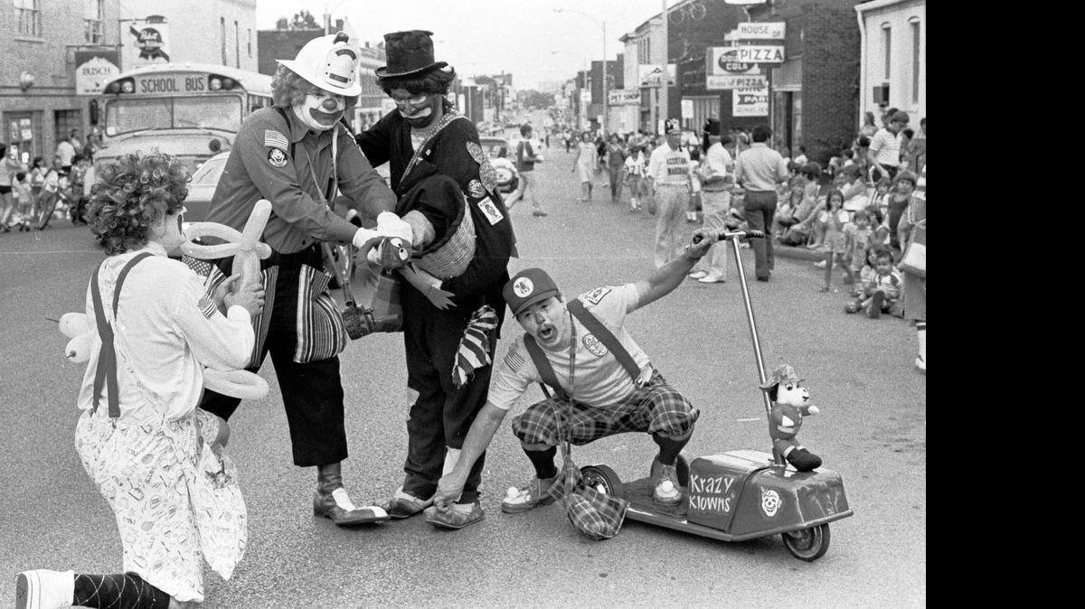 
The Krazy Klowns pranced down West Main Street at the Shriners Circus Parade on June 6, 1980, in Belleville.
