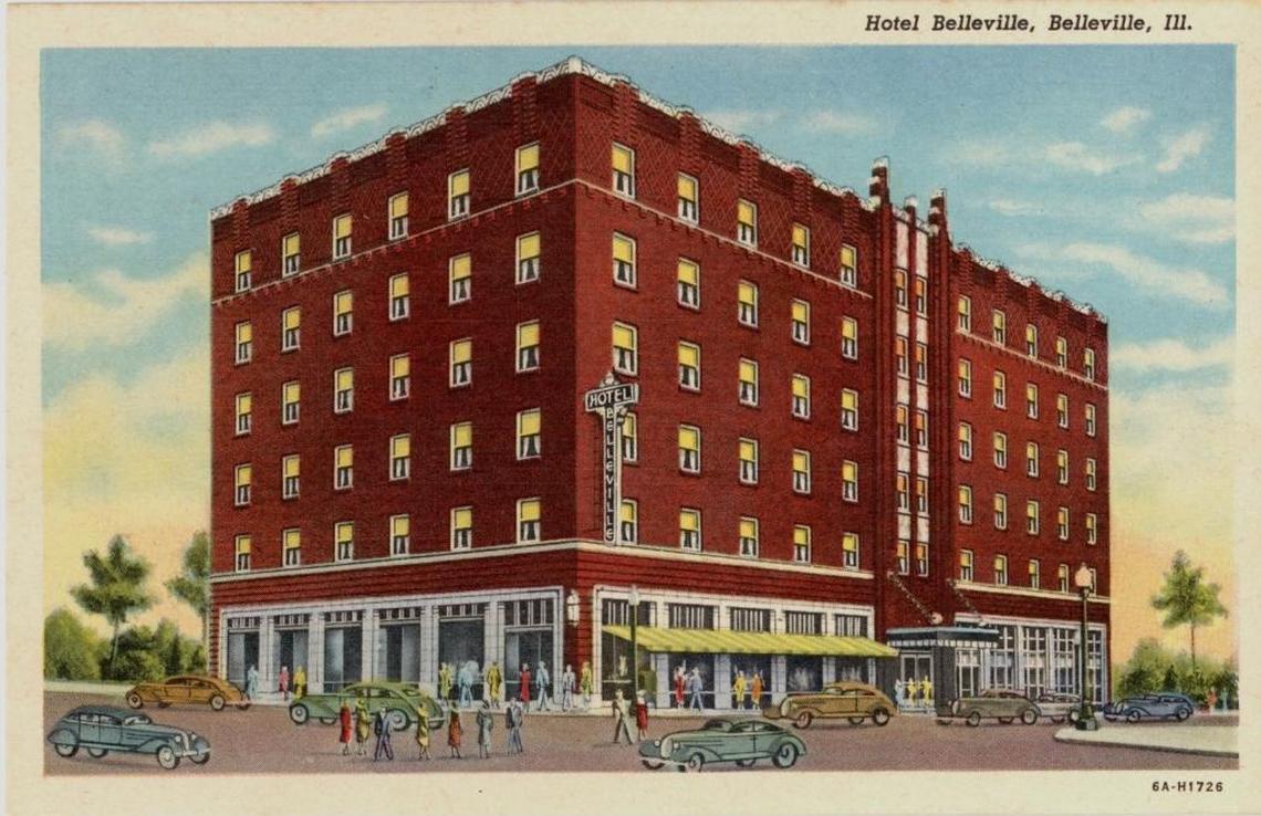 This colorized 1940s postcard shows the old Hotel Belleville, which opened in 1931 on the southeast corner of the Public Square, across Illinois Street from the St. Clair County Courthouse.