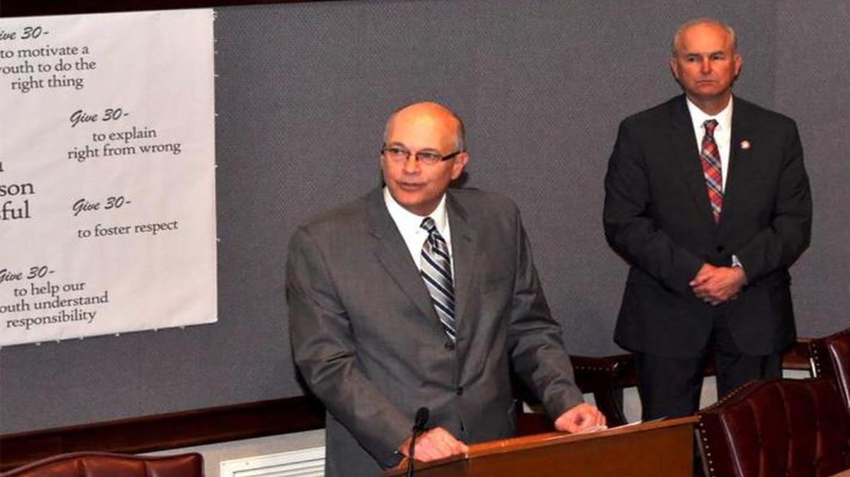 From left, Chief Judge David Hylla, Regional Superintendent of Schools Dr. Robert Daiber and Sheriff John Lakin announce the “Give 30” youth mentoring program in Madison County.