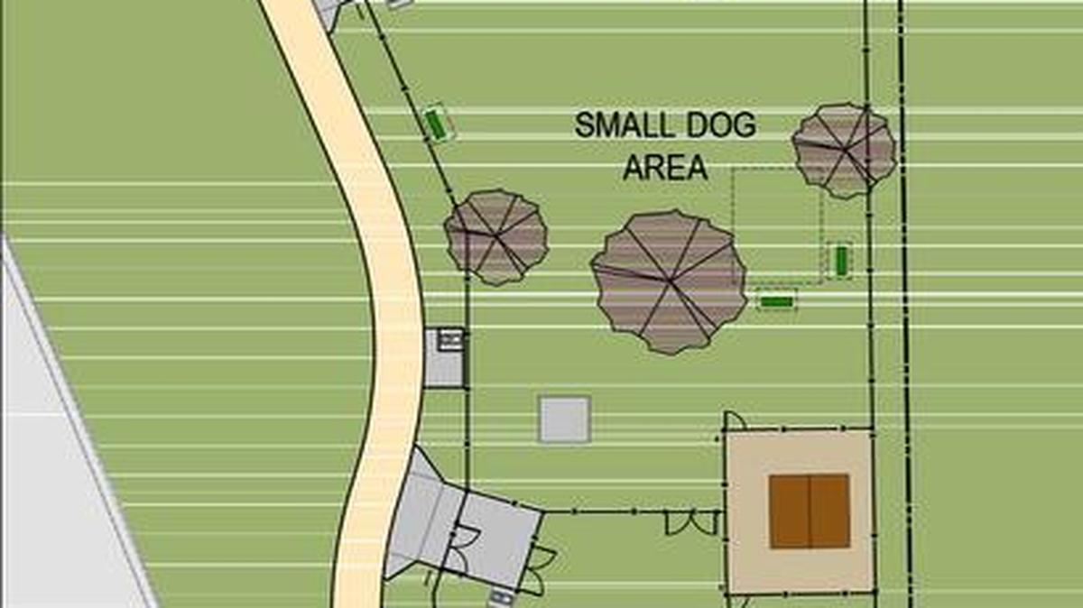 An architect’s drawing shows the proposed dog park at Dennis Rinderer Park along Veterans Honor Parkway in Highland.