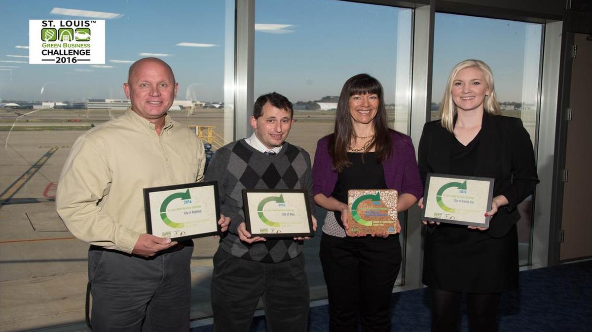 Left to right are Mark Rosen of the city of Highland, Matt Asselmeier of city of Alton, Kim Petzing, Madison County sustainability coordinator, and Eve Drueke, Green Schools coordinator.