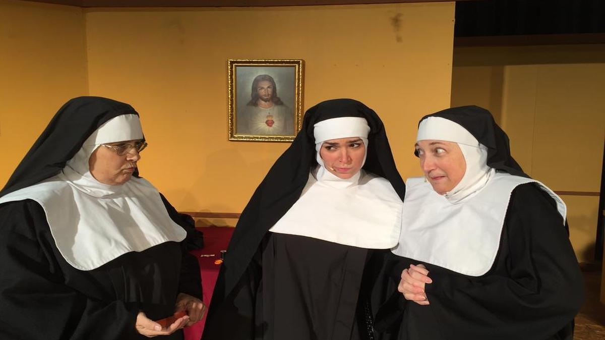 Mother Superior (Mary Knebel) reprimands Sister Augusta (Breanna Noe) and Sister Philamena (Linda Collman) during Hard Road Theatre’s performance of “Drinking Habits 2.”