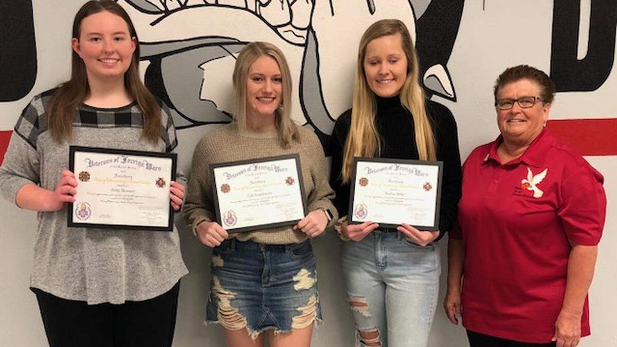 Highland VFW Post 5694 and Auxiliary Voice Of Democracy winners were awarded recently. From left are Abby Bowers, first place winner; Calli Engelmann, second place; Audrey Wilke, third place; and Scholarship Chairman Nancy Rieke. This year’s theme was was “Why My Vote Matters.”