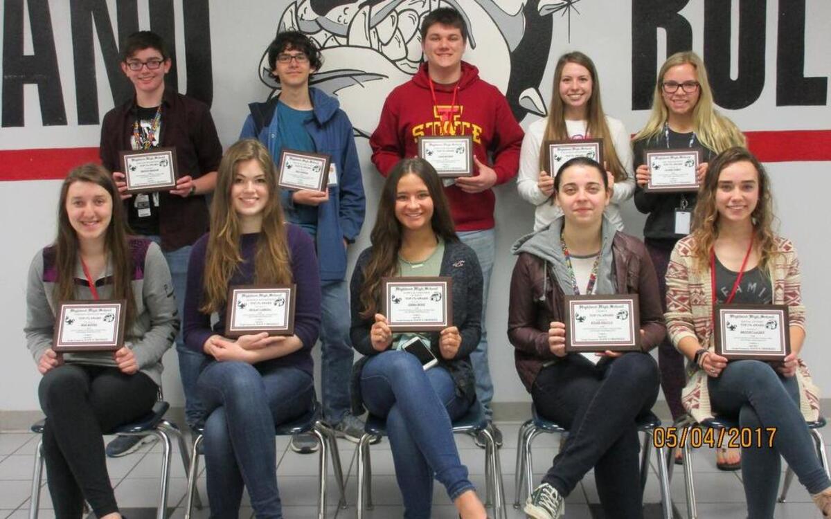 Highland High School Top 1% Award winners for April 2017 were, front row from left, Mae Riffel (foreign language), Skylan Carroll (business), Emma Moos (family and consumer science), Kylee DeLuca (chorus) and Britney Lackey (social studies); back row, Not shown is Ben Thomae (math). Tristan Maslar (English), Eric Powell (physical education), Cole Becker (science), Sarah Frank (vocational), and Claire Pabst (art). These students all show outstanding attitude, character, and work performance. The teachers in each department select one student each month that best represents these qualities.