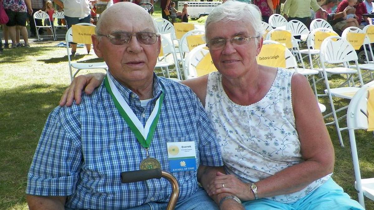 
Everett Rogier sits with his wife, Ruth, after having received his medallion as an inductee to the Illinois 4-H Hall of Fame.
