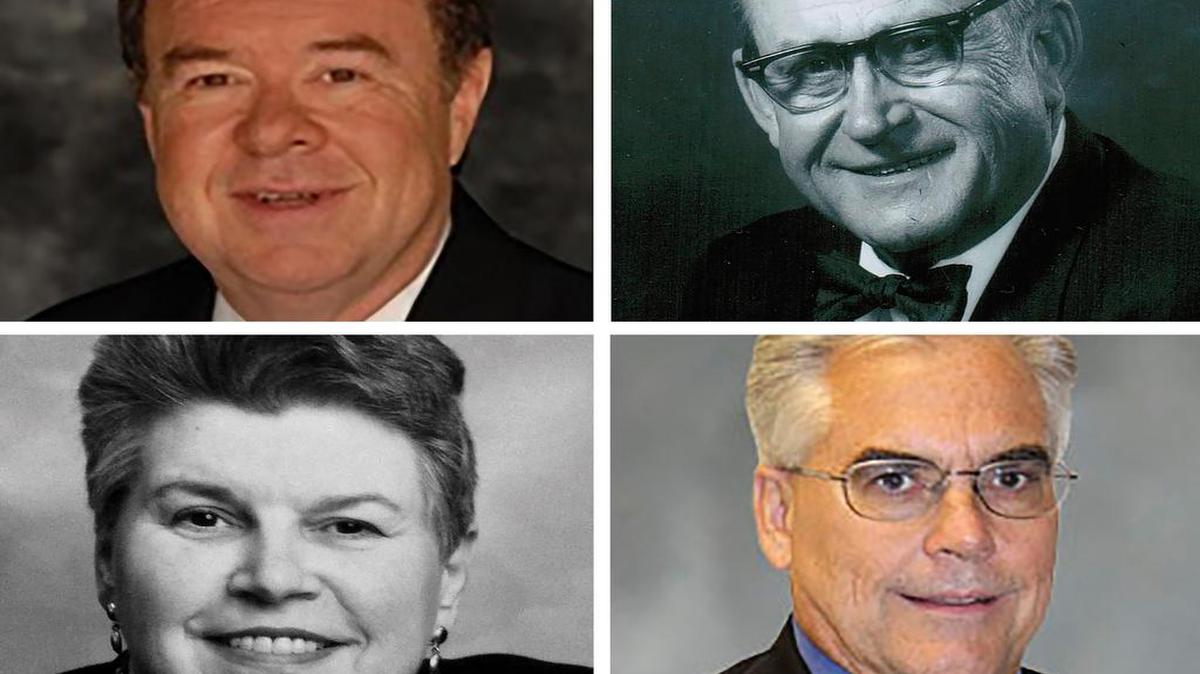 
The Highland Illinois Area Schools Alumni Association has announced its Hall of Fame class. Top left, Dr. Mark Edwin Frisse is the 2015 Hall of Fame in inductee in the Arts and Sciences category, clockwise, Otto E. Jakel was inducted for Business, Mark J. Capelle for Sports, and Pat Schwarm for Career Public Service.
