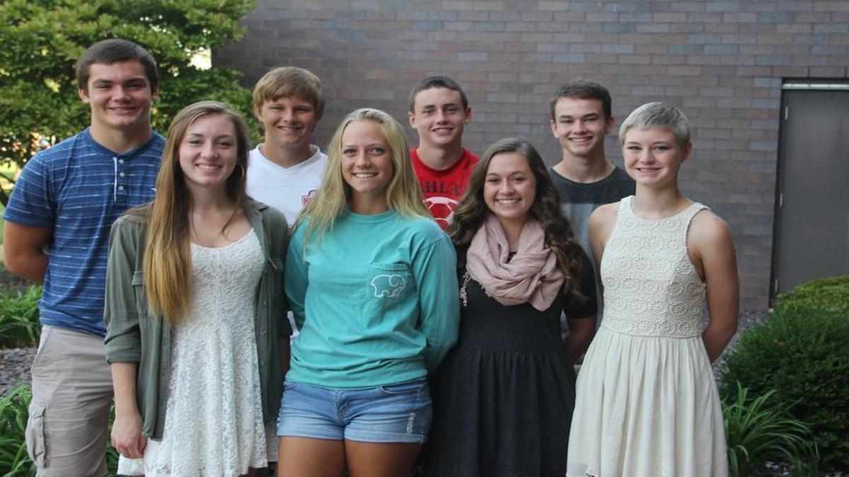 
The Sophomore Homecoming Court consists of, front row from left to right, Abigail Rogier, Kirsten Plocher, Caitlin Basden and Olivia Genteman; back row, Kyle Lane, Cory Stieb, Blake Hagler and Luke Landmann.
