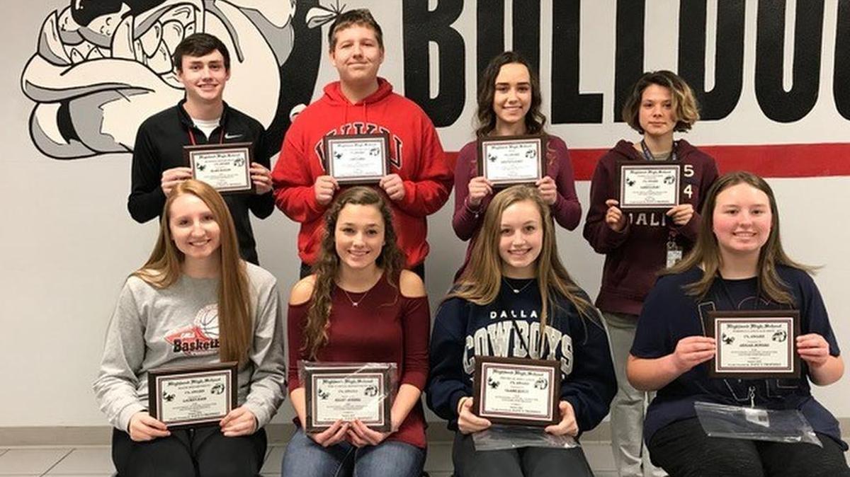 The following students are the Top 1 % Award winners for Highland High School for the month of January. These students all show outstanding attitude, character, and work performance. The teachers in each department select one student each month that best represents these qualities. Front row from left are Lauren Baer (math), Kelsey Knebel (vocational), Claire Korte (physical education), and Abigail Bowers (foreign language); back row, Blake Hagler (business), Cody Jakel (English), Britney Lackey (band), and Sabrina Hart (family and consumer). Not pictured are Victoria Lynn (chorus), Stephen Schniers (social studies), and Mackenzie Gould (science).