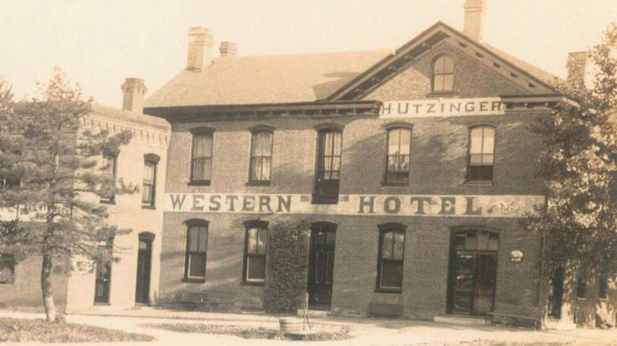 
This photo of the Western Hotel, taken by F.H. Funke of Highland, has a sign on the east end of newer building saying Charles Utzinger was the proprietor. It is from the Udell and Cecelia Harris collection.

