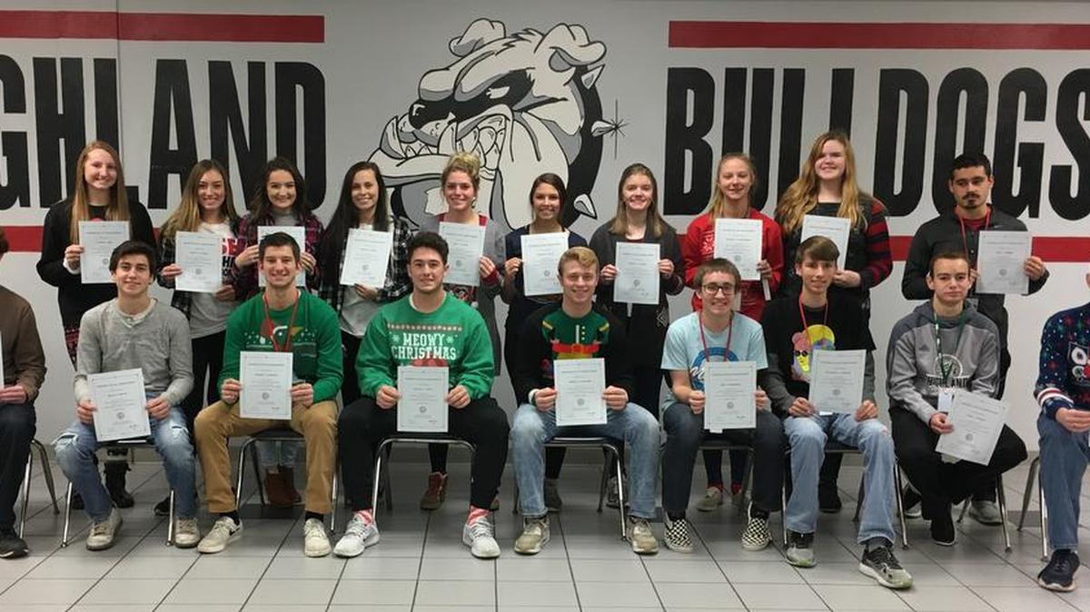 Illinois State Scholars at Highland High School included, front row from left, Elijah Moore, Justin Melosi, Stephen Schniers, Elliot Prott, Cameron Altadonna, Zane Robertson, Nathaniel English, Caleb Machuca and Tanner Zbinden; back row, Lauren Baer, Abigail Rogier, Mackenzie Gould, Kathryn Etter, Rece Portell, Katelyn Wills, Katelyn Duncan, Mallory Klostermann, Morgan Leady and Evan Herman. Not pictured is Alexandria Litzenburg.