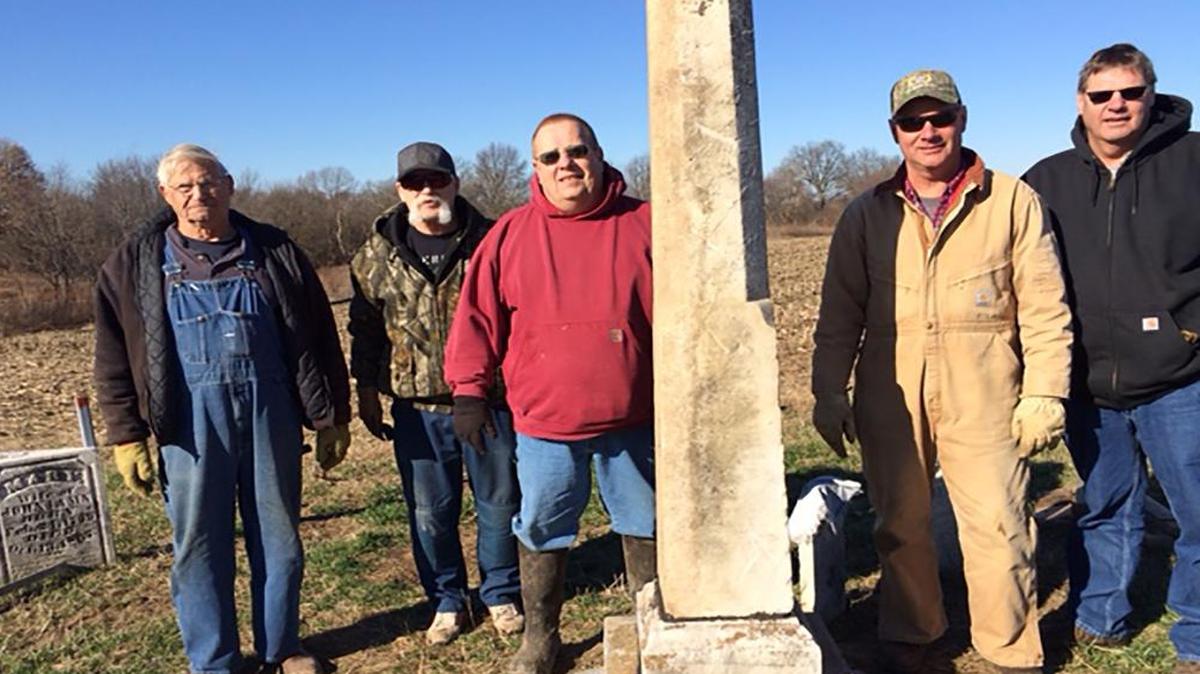 The Dec. 19 work crew, after setting Maj. James G. Anderson’s obelisk, from left, was Harvey Steinkoenig, Phil Coffee, Robert Kunz, Danny Gross and Jerry Gross.