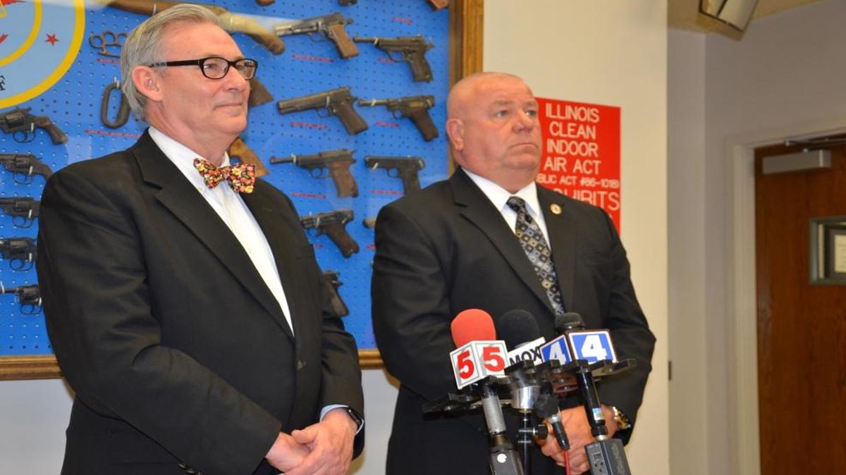 Madison County Circuit Clerk Mark Von Nida and Sheriff John Lakin announce a new “digiticket” system that will automate traffic tickets for speed and accuracy.