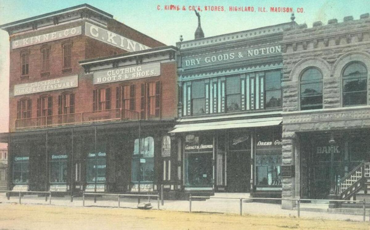 This photo from the early 1900s shows C. Kinne & Co.’s three buildings, with the Highland Bank on the right. It is on a postcard from the late Udell and Cecelia Harris collection.