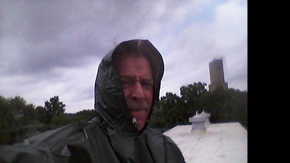 
Dave Landolt took this selfie photo during his three-day stay atop the Highland Masonic Temple, during which he raised $4,300 for three charities, Illinois Masonic Children’s Home, HIS KIDS, and the John Wildi Masonic Temple itself. It rained two of the three nights Landolt was on top the building.

