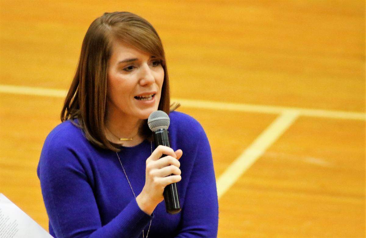Triad High School counselor Heidi Houchins talks to Highland High School students about her friend, April McKee, who died in a car crash in 2013 and how she dealt with the depression that followed. The talk is part of several assemblies that focus on student’s social and emotional lives.