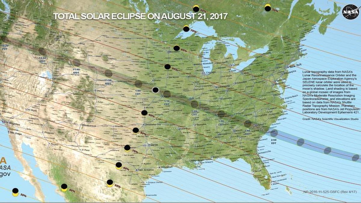 This map shows the path of the moon’s umbral shadow – in which the sun will be completely obscured by the moon – during the total solar eclipse of Aug. 21, 2017, as well as the fraction of the sun’s area covered by the moon outside the path of totality. The lunar shadow enters the United States near Lincoln City, Oregon, at 9:05 a.m. PDT. Totality begins in the United States in Lincoln City, Oregon, at 10:16 a.m. PDT. The total eclipse will end in Charleston, South Carolina, at 2:48 p.m. EDT. The lunar shadow leaves the United States at 4:09 p.m. EDT. A partial eclipse will be visible throughout the United States.