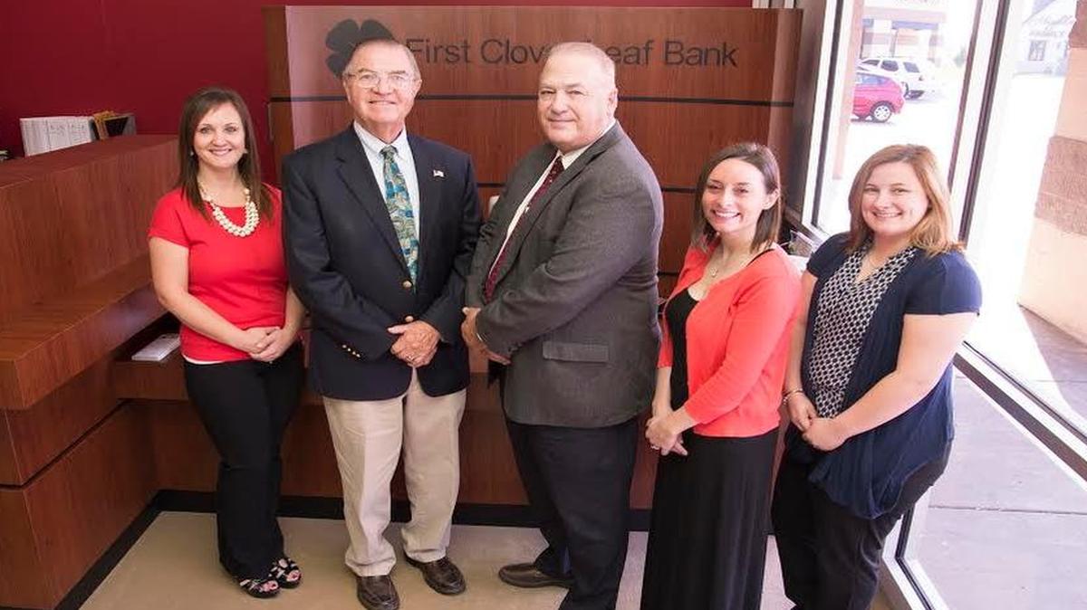 
The staff at First Cloverleaf Bank in Highland includes, from left, Janna Beckmann, Biddy Eddenpreis, Tom Netzer, Heather Jenny and Stephanie Dailey.

