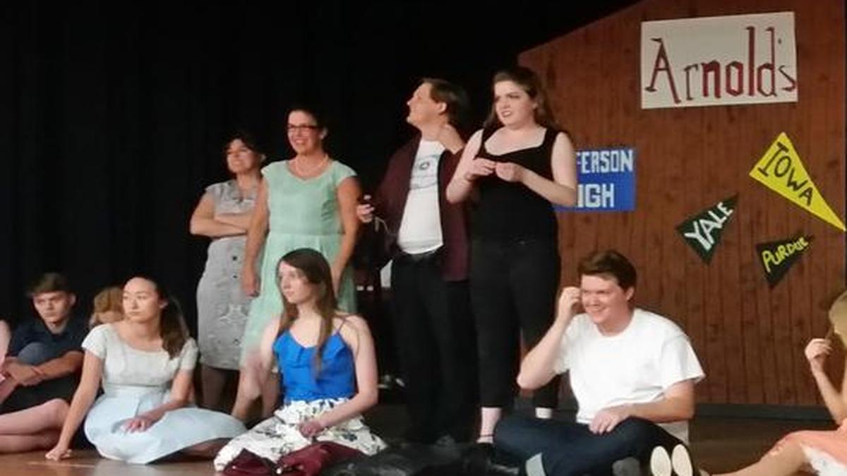 The cast of “Happy Days” rehearses. The show opens in Highland on Thursday.