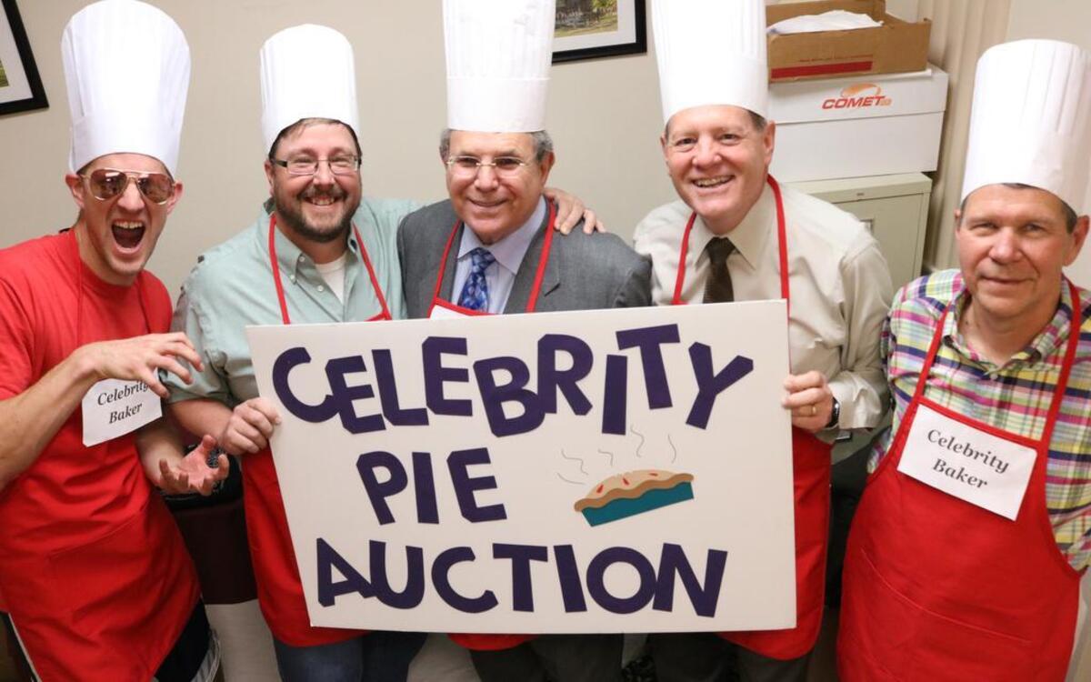 Participating in the Celebrity Pie Auction June 16 are, from left, Pastor Will VerDuin of Evangelical United Church of Christ, Curt Libbra of Highland News Leader, Jay Boulanger of Spengel-Boulanger Funeral Home, Howard Held of Scheffel-Boyle and the Highland Chamber of Commerce, and City Manager Mark Latham. Also baking, but not present for the photo, are Mayor Joe Michaelis, Chief of Police Terry Bell, Superintendent of Schools Mike Sutton, and Bruce Bellm of Highland Country Club.