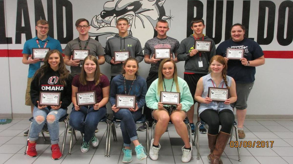 Highland High School Top 1 % Award winners for November 2016 were, first row from left, Aubrey Hacke (foreign language), Emilie Hoepker (business), Kelsey Knebel (vocational), Mariah Thuenemann (science) and Kelsey Tetreau (English); back row, Andrew Schuepbach (art), Justin Wheeler (chorus), Carter Wiegman (physical education), Tyler Higgins (math), Jacob Plocher (social studies), and Kaitlin Mayberry (family and consumer science). These students all show outstanding attitude, character, and work performance. The teachers in each department select one student each month that best represents these qualities.