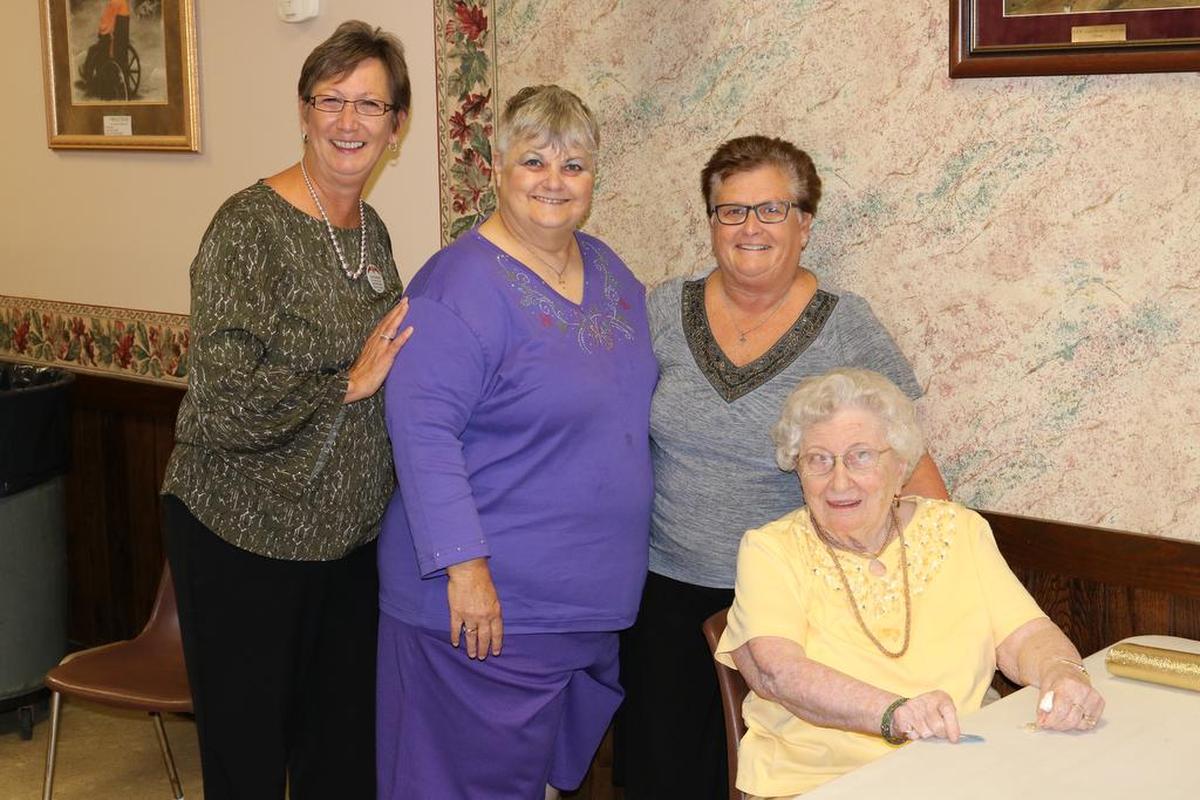 Auxiliary 45-year pin From left are VFW Auxiliary 12th District president Laura Knacksted, VFW Auxiliary president Gloria Jancek, Nancy Rieke, and Marie Isert.
