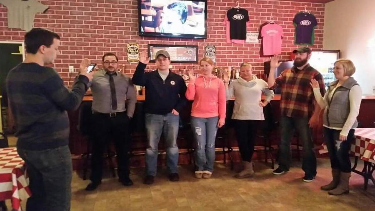 NEW BOARD The new Highland Jaycees Board is sworn in. From left are Andrew Plocher, Matthew Stallard, Brett Lanxon, Lisa Winkler, Marissa Bowman, David Sessions and Sarah Burton. Not pictured is Allie Zobrist.