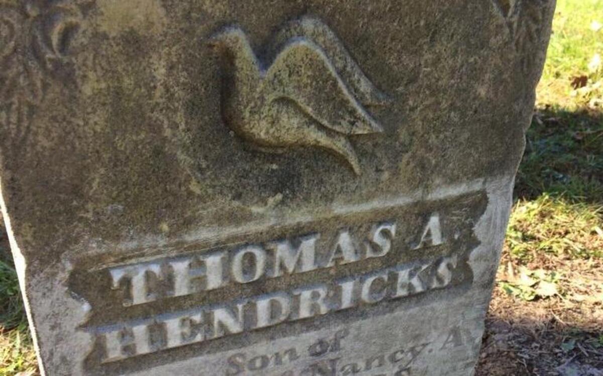 Thomas A. Hendricks’ (1861-1867) tombstone at Dugger Cemetery, 10901 Lake Road, in rural Highland, was been located, by Russ Marti. It was then cleaned and reset.
