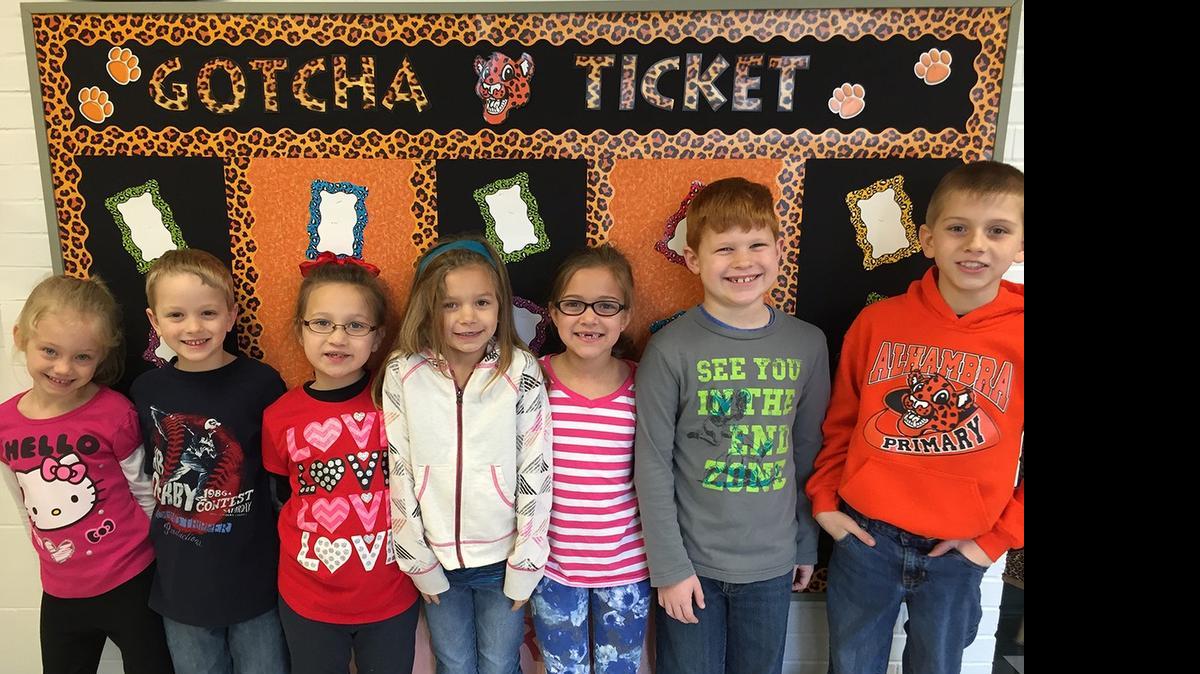 
The fourth annual ‘Cruisin’ with Character’ program at Alhambra Primary will culminate today at Alhambra Township Park. Students began this program in January. The object is to run/walk 13.1 miles within 13 weeks, which the students do during recess. Student representatives from each classroom were also selected based upon their attendance, academics, character and leadership. These student representatives’ responsibilities included leading their class to training sessions, leading students in stretches before running, helping teachers with make-up runs, leading classes in the school cheer, and role modeling positive behavior. Student representatives, pictured from left, are Kallie Hubbard and Oliver Lewis, kindergarten; Tianna Roberts and Laila Barr, first grade; and Jack Henschen and Ryan Tolbert, second grade. As for the “character” portion, Alhambra Principal Cindy Tolbert presented 12 weeks of a school-wide media program designed to reduce exposure to media violence. Students’ final laps in the Cruisin’ with Character mini-marathon will be from 9 to 11:30 a.m. on Thursday, May 7 at Alhambra Township Park. The public is invited to attend to cheer the kids on.
