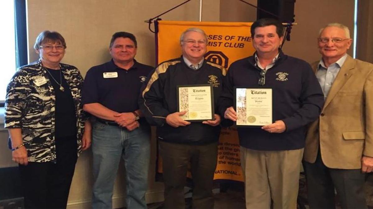 Distinguished Club Award Highland Optimist Club members receive the Distinguished Club Award for 2014-2015 at the District Conference in Deerfield, Ill. Pictured from left are assistant governors Barbara Reich and Mark Cappel, Highland Optimist treasurer Bill Wagner, Highland Optimist 2014-2015 president Kevin Hemann and district governor Steve Turner.