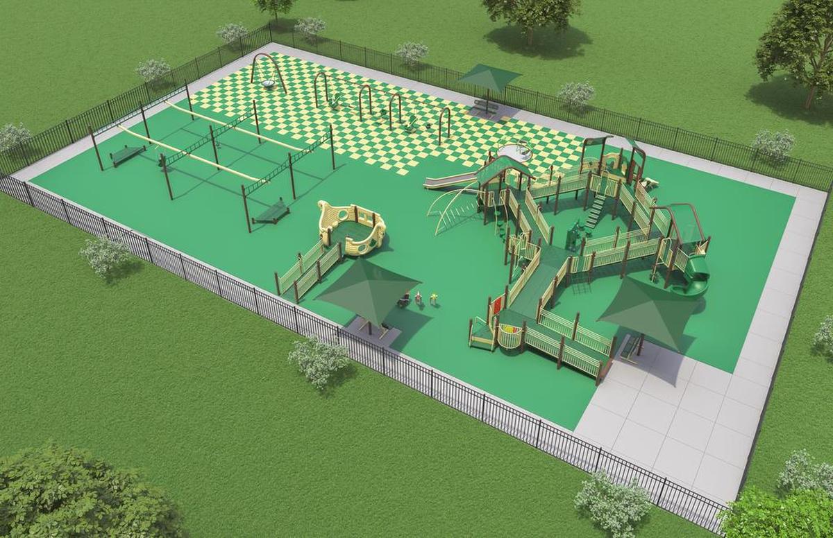 An aerial view of a concept for an all-inclusive playground design for Dennis H. Rinderer Park on Veterans Honor Parkway in Highland. The park was deisgned to include features for all children.