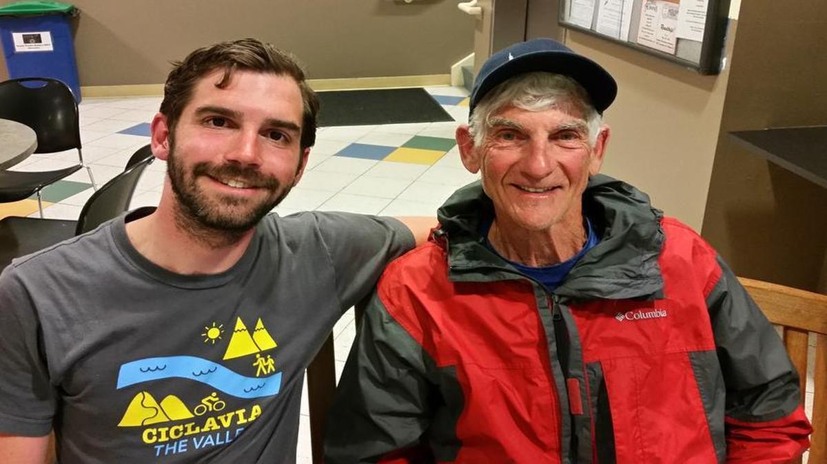 Jeremy Abbott, 33, and Terry Sobel, 69, stopped for the night in Highland on Monday, May 16 as a part of their cross-country tour. The two are making their way from Brooklyn, New York to Los Angeles, California. The total trip is 3200 miles and is expected to take 50 days.