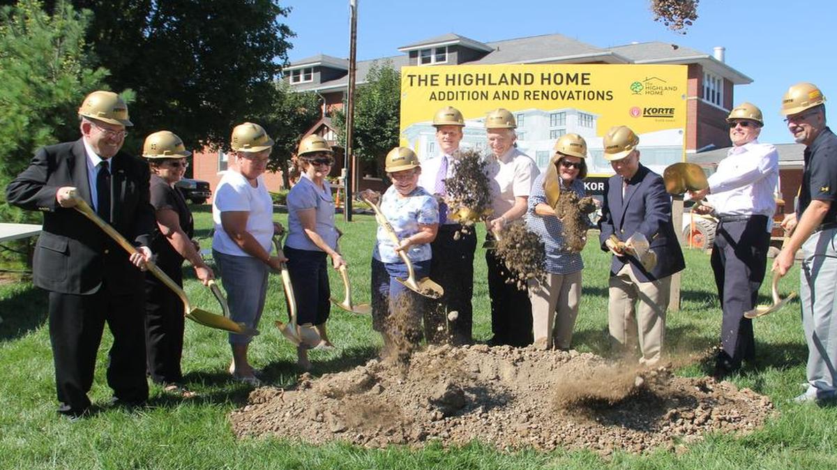 
Mayor Joe Michaelis, Jean Terhark, Janet Kruse, Jeannie Meyer, Maryann Frueh, Ryan Goodwin, Charlie Schatte
Paula Shea Calvert, Ralph Korte, Mark Robinson and 
Dan Fieker participated in Tuesday’s groundbreaking ceremony at The Highland Home.

