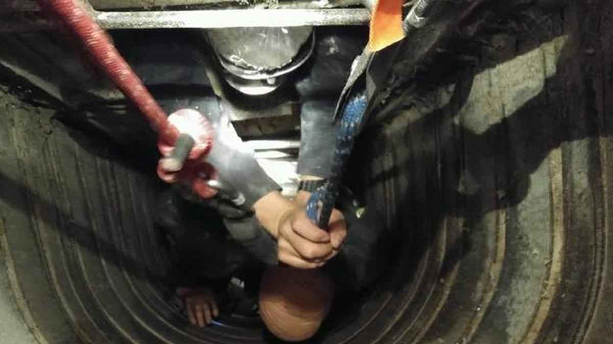 For training, Highland-Pierron firefighters climbed the chute of a silo to make patient access to a mannequin that was playing the role of an unconscious farmer who suffered and unknown medical emergency.