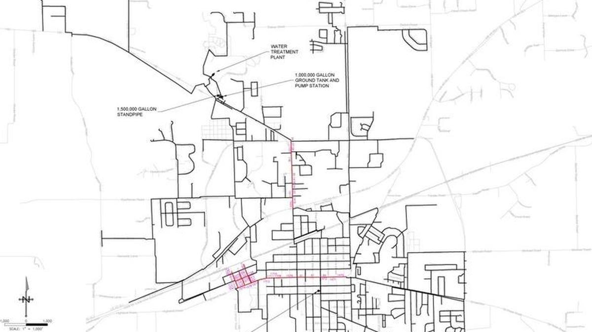 A map made by the engineering firm Hurst-Rosche showing the city’s critical water main areas.