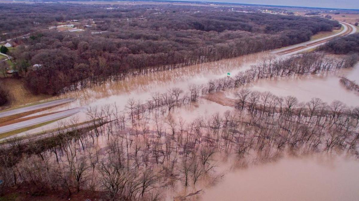 Aerial photo shows closed section of Interstate 70 near Pocahontas.