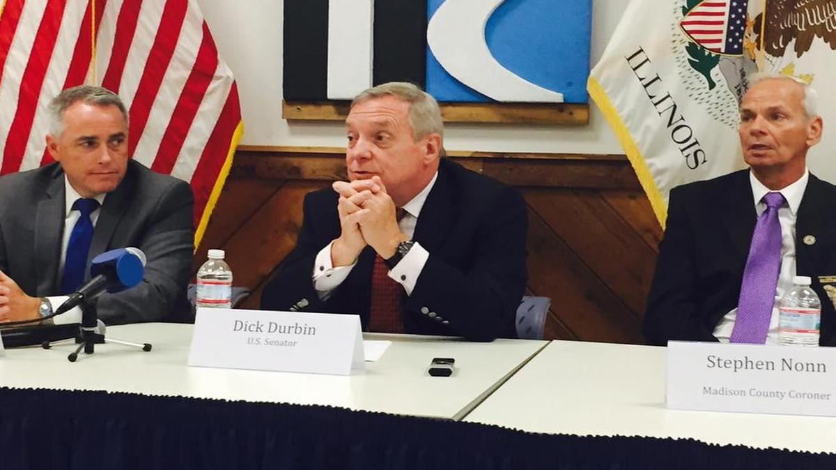
Madison County State’s Attorney Tom Gibbons, U.S. Sen. Dick Durbin and Coroner Steve Nonn discuss the heroin epidemic at a roundtable discussion in Granite City on Monday.
