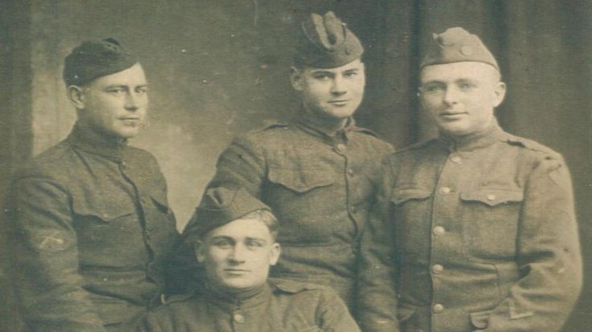Highland World War I veterans pose for a photo. In back from left are Ed. R. Leder, (first name unknown) Loyet, and Edmund Matter. In front is Cy Hirschi. The photo is believed to have been taken when all four men were assigned to Camp Zachary Taylor, Ky.