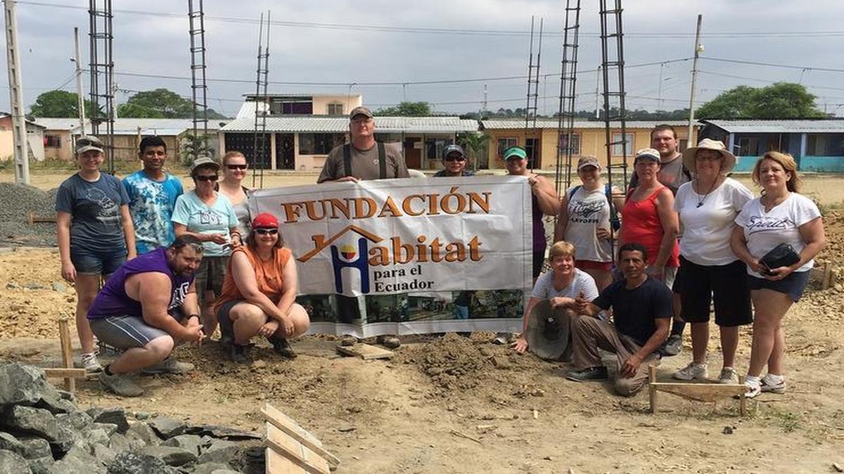 
Volunteers from Salem United Church of Christ in Alhambra and other area churches are on site and dressed to begin working to build a home in the South American country of Ecuador. Front row from left are Nick Atkins-Harris, Laura Muench, Doris Driscoll, an unknown person, June Sielbeck of Metropolis Ill., Kat Quade, Kent Lytle of Edwardsville, Eric Soledispa Habitat Ecuador, Mandy Dupo, Becca Braundmeier, Shirley Gall, Aaron Uhe, Gale Bolen and Carol Amiri.
