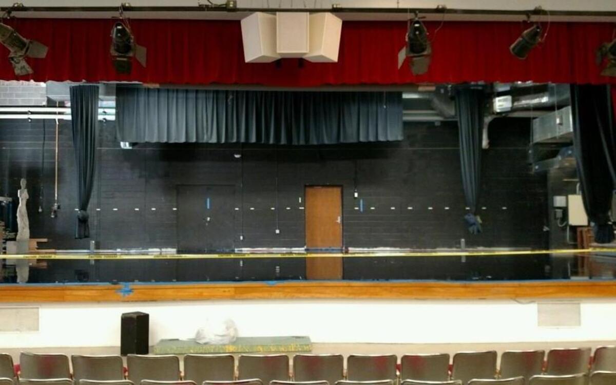 The Highland Elementary School auditorium stage during renovations. Hard Road Theatre Productions revamped the stage for a little over $5,000.
