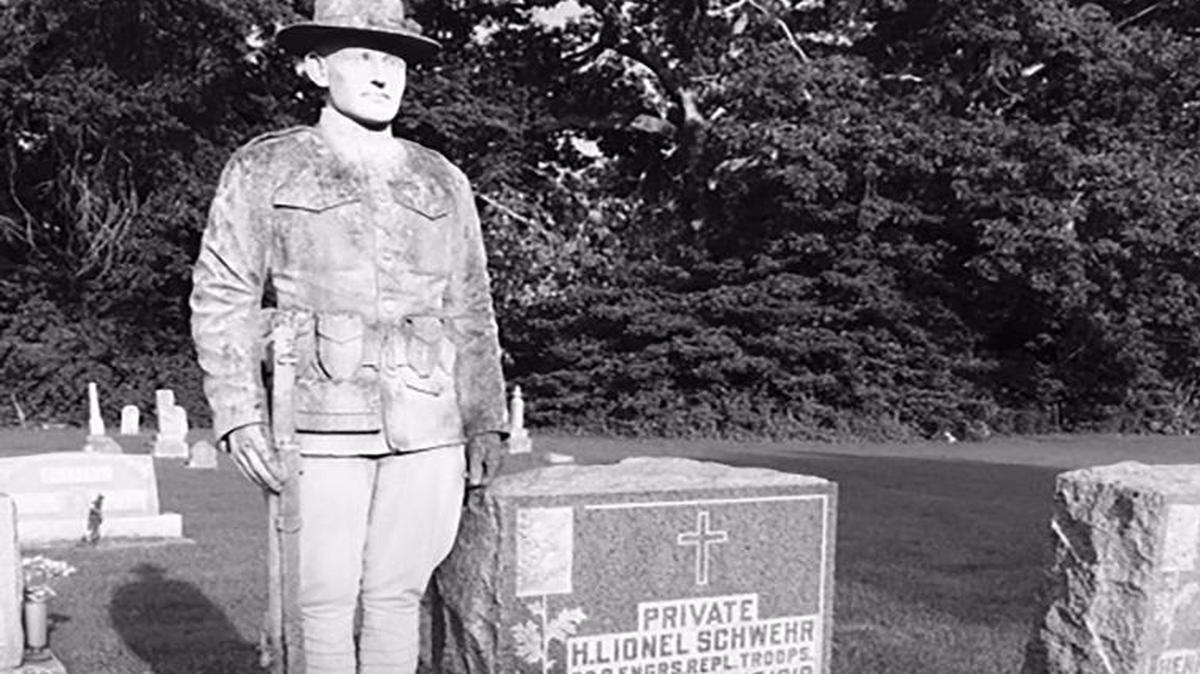 Pvt. Henry Lionel Schwehr, 21, the son of Henry Schwehr, was called Sept. 6, 1918. He transferred to 9th Engineers, replacement troops at Camp Forrest, Ga., where he contacted influenza, then pneumonia, and died Oct. 15, 1918. Schwehr is buried in St. Gertrude Catholic Cemetery at Grantfork, an Army soldier statue is beside his tombstone.