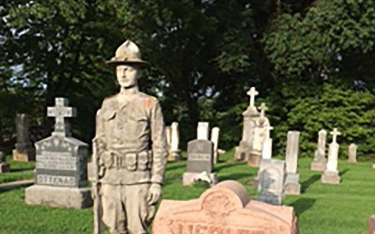 This photo show’s the tombstone of Pvt. Albert Liebler, 1891-1918, at St. Gertrude Catholic Cemetery in Grantfork. Photo by Roland Harris.