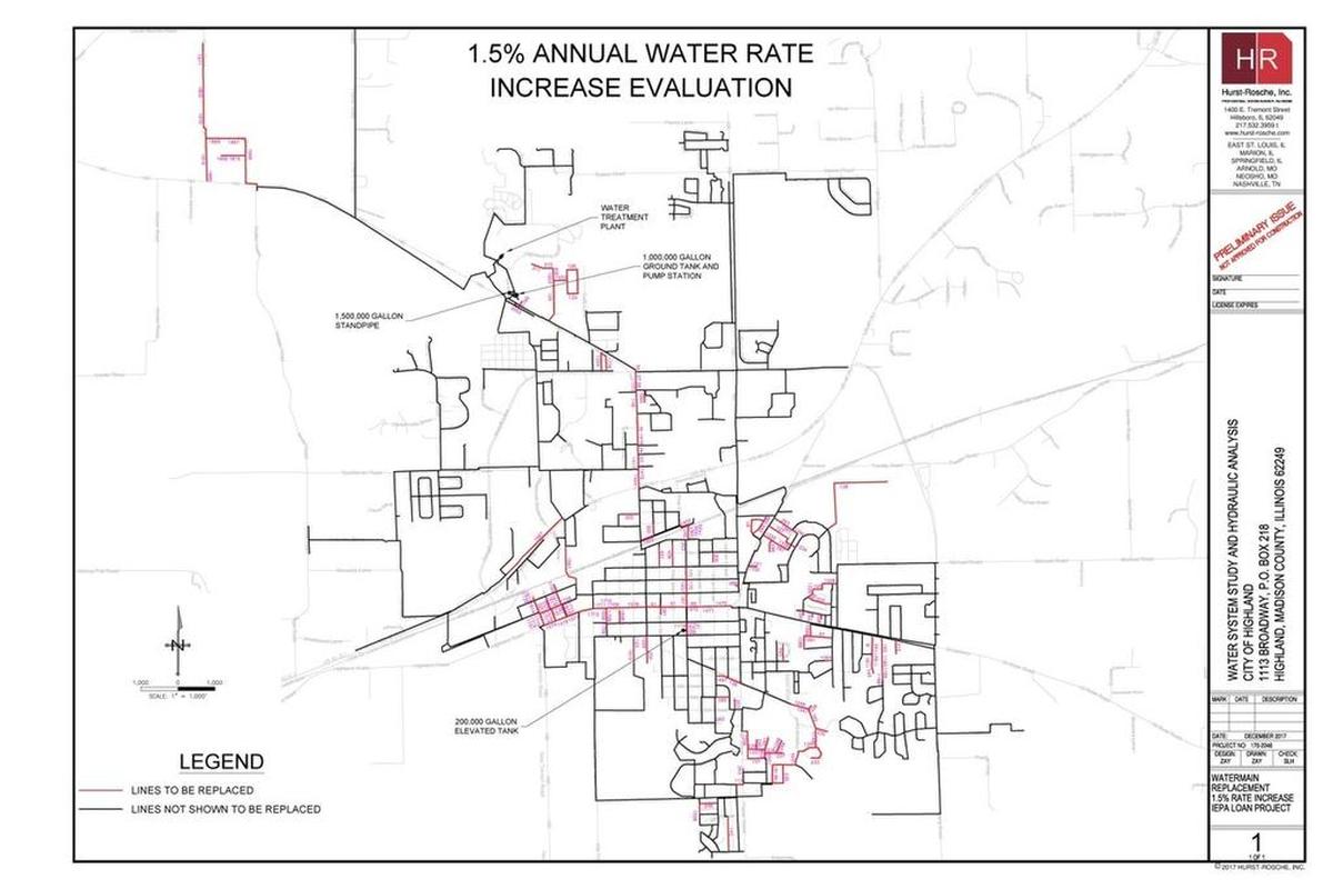 A map made by the engineering firm Hurst-Rosche showing much of the city’s water distribution system that would be replaced if the city raises water rates 1.5 percent for the next 17 years.