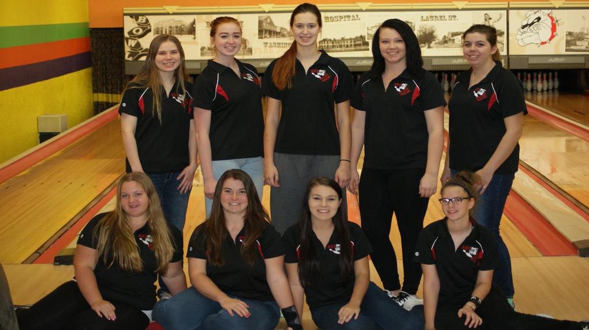 The Highland High School girls bowling team consists of, front row from left to right, Hailey Basler, Liz Arend, Lexi Korte, Delaney Grimes; back row, Gina Zbinden, Megan O’Brien, Jennifer O’Brien, MaKayla Smith and Molli Pfister. Not pictured are Emma Schuster and Kali Rutz.