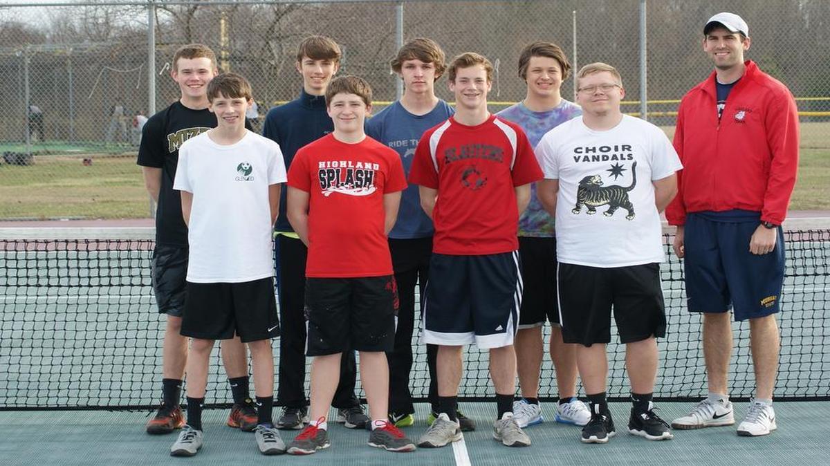 The Highland High School boys tennis team consists of, front row from left to right, Dylan Bargetzi, Dacoda Riechmann, Andrew Roach, Blake McCaslin; back row, Brett Barker, Nathaniel English, Tyler Baublitz, Zander Hayes and Coach Matt Pellock,