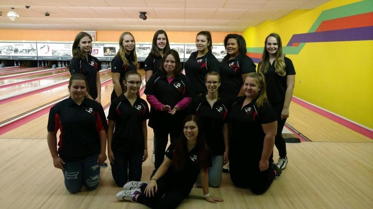 The Highland High School girls bowling team consists of, front row (sitting), Kali Rutz; middle row from left to right, Molly Marshall, Kayla Rutz, Holly Wrobbel, Delaney Grimes, Haley Basler; back row, Piper Myer, Sydney Basler, Mackenzie Myer, Mack Pfister, Izzy Scaggs and Emma Schuster.