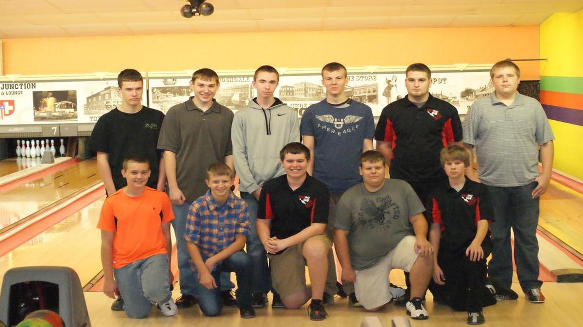 The Highland High School boys bowling team consists of, front row from left to right, Adam Buske, Trevor Leitschuh, Tanner Huelsmann, Jorden Buske, Collin Korte; back row, Chandler Smith, Tanner Zbinden, Brandon Munie, Andrew Mettler, Devon Frank and Wyatt Wiese.
