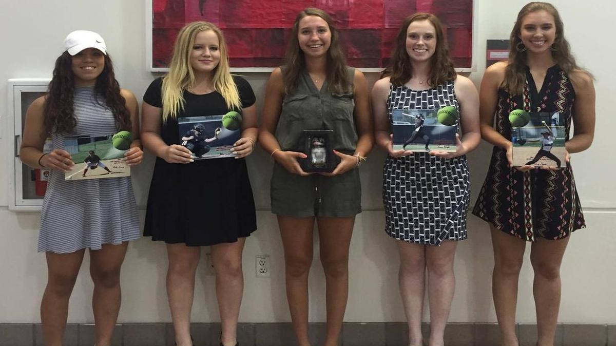 The Highland High School softball players who recently collected awards at the annual awards banquet are, from left to right, junior Reily Kassay, recipient of the 110 Percent Award; junior Jillian Garbett, recipient of the Best Defensive Player Award; junior Megan Frey, recipient of the Bulldog Award; senior Lauren Wright, recipient of the Best Offensive Player Award; and junior Aubrey Hacke, recipient of the Most Valuable Player Award.