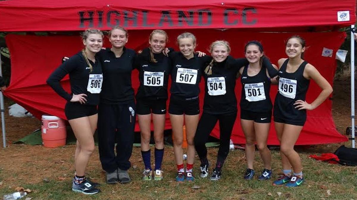 The Highland High School girls cross country team finished in fourth place out of 12 teams at the Decatur MacArthur Sectional to qualify for this Saturday’s IHSA Class 2A Girls State Cross Country Meet held at Peoria’s Detweiller Park. Pictured from left are Sarah Beth Wiegman, Courtney Hengehold, Breann Wernle, Allison Zobrist, Lexy Gilliam, Kate Marti and Lily Becker.
