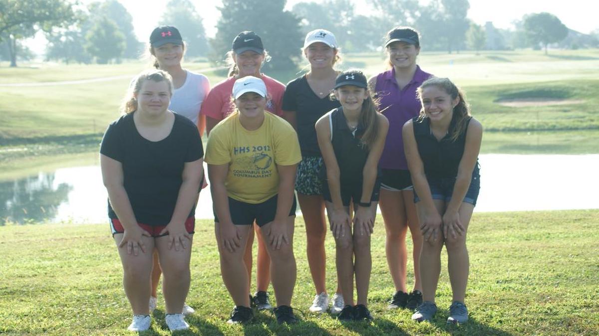 GIRLS GOLF TEAM: The Highland High School girls golf team consists, front row from left to right, Geena Budwell, Gabrielle Berolatti, Meridith Kleinmann, Lia Basden; back row, Kennedy Klucker, Audrey Wilke, Rece Portell and Kayla Davis.