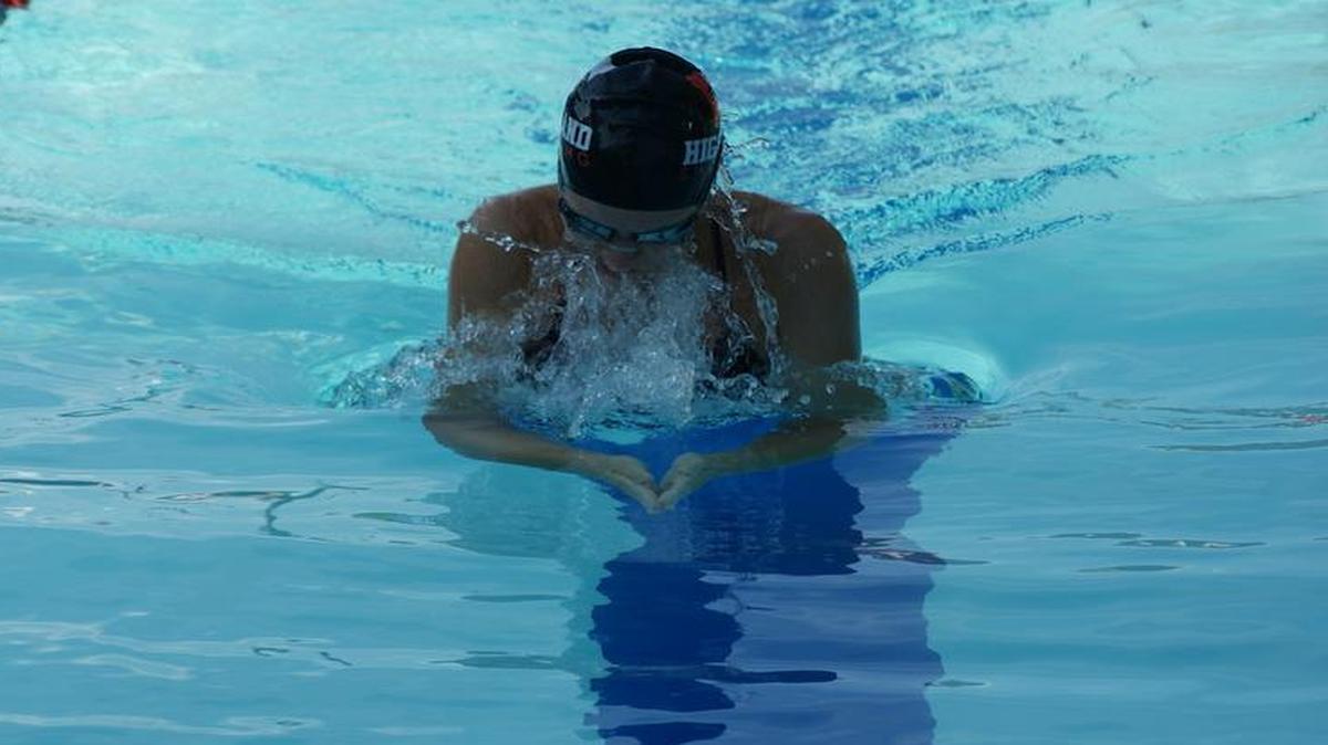 Highland swimmer Victoria Thomae, a 16-year-old shown swimming the breaststroke was crowned the High point Champion in the girls 15-18 division at the Midwest Swim Conference Chamiponshps Saturday in O’Fallon after sweeping all three of her events while also shattering team records in each of them — the 100-meter freestyle, 100-meter breaststroke and 100-meter individual medley.